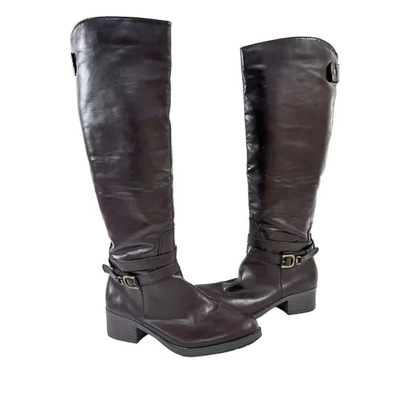 Rampage Imelda Brown Faux Leather Riding Boots Size 8.5 Buckle Detail 2” Heel - Picture 1 of 16